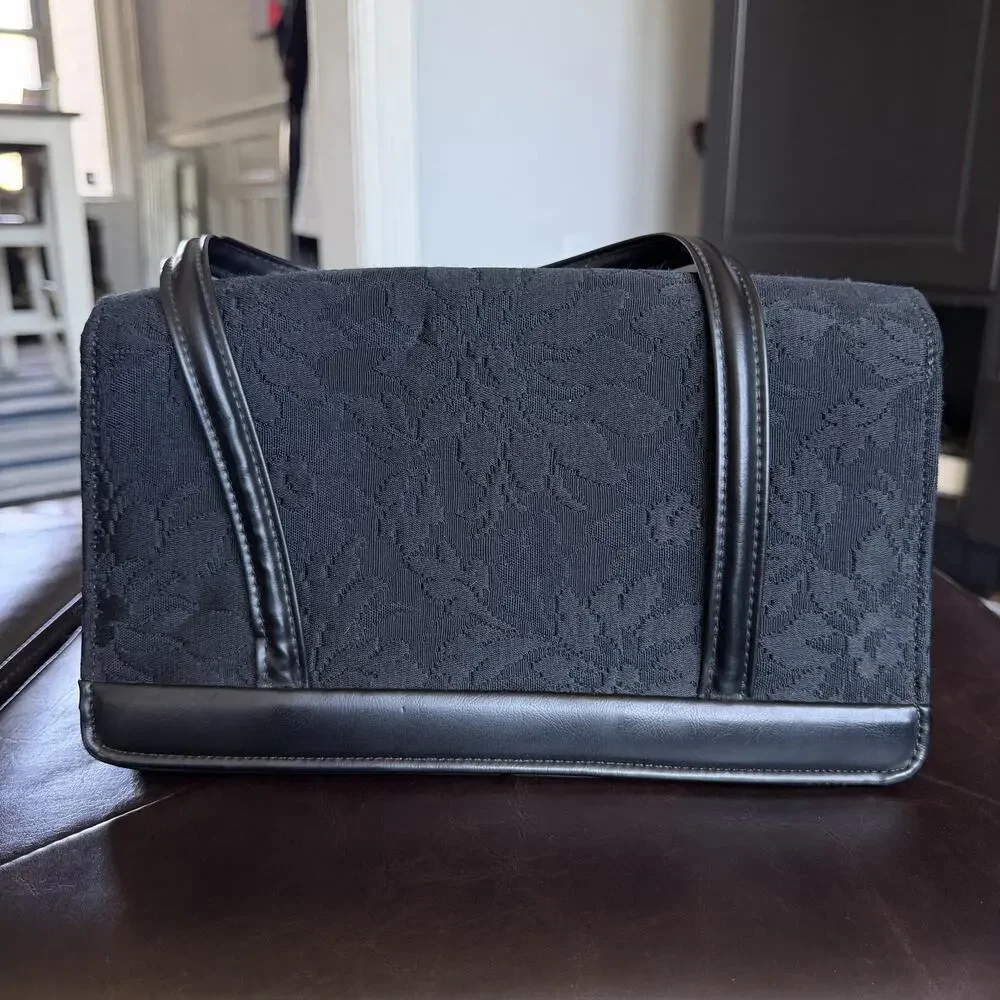 Vintage Verdi Top Handle Bag Womens Small Black Floral Jacquard Leather USA